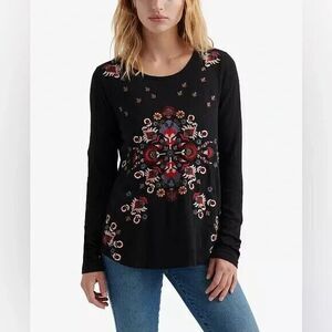 Lucky Brand Black Top Multicolor Floral Embroidery Sheer Back Size S NWT!!!